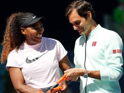 Serena Williams and Roger Federer at a ribbon-cutting ceremony at the 2019 Miami Open.